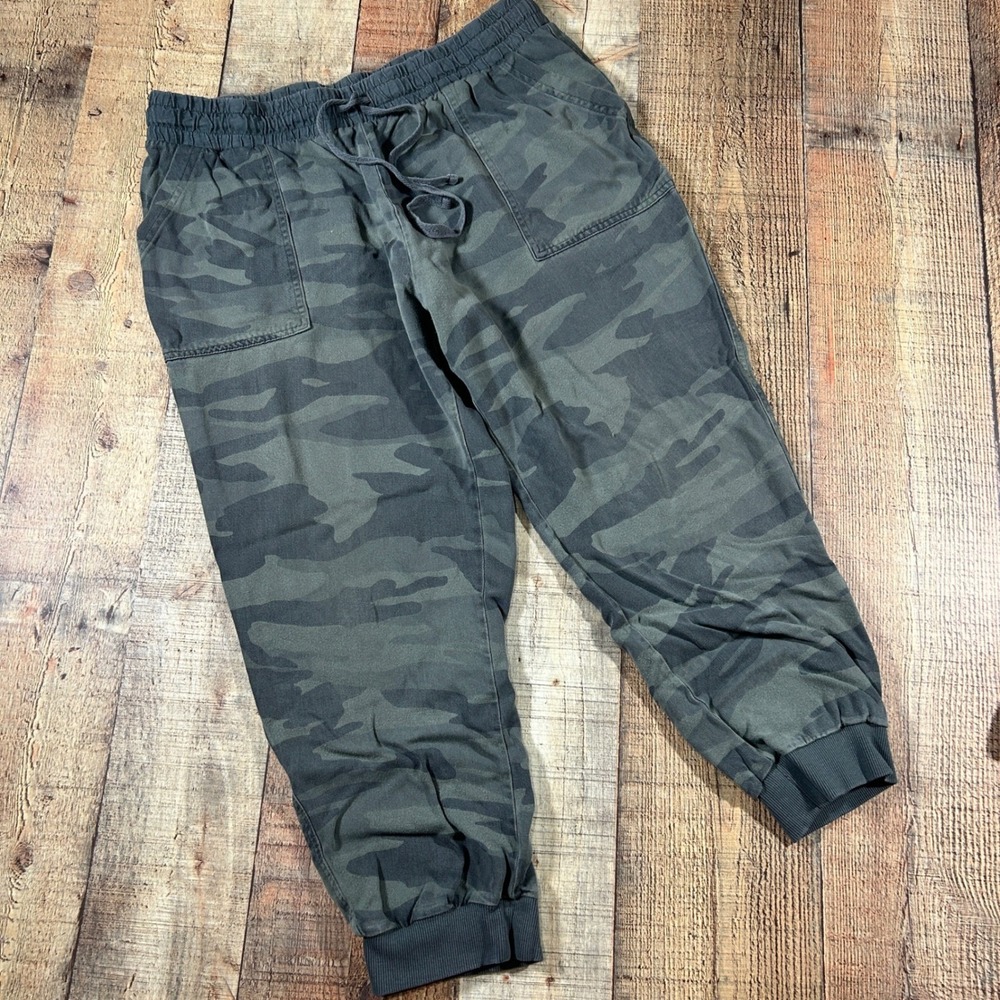 Splendid Green Camo Rayon Jogger Pants Pull On Drawstring Pockets Womens Large
